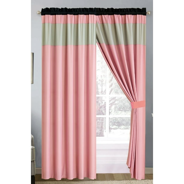 4-Pc Chic Solid Striped Curtain Set Pink Black Silver Gray Sheer Liner Drape Rod 4-Pc Chic Solid Striped Curtain Set Pink Black Silver Gray Sheer Liner Drape Rod